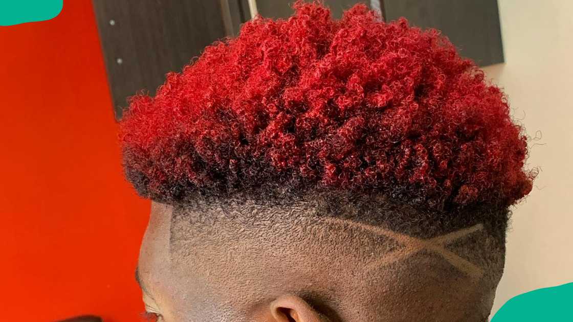 Red ombre curly fade with patterns design