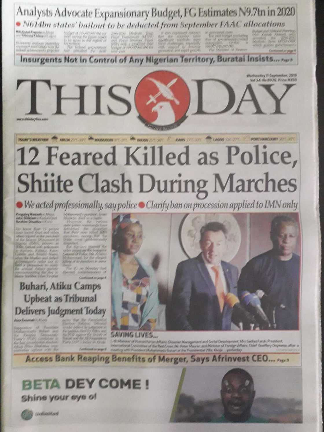 Nigerian newspaper review for Wednesday, September 11:Tribunal rules today on Atiku and Buhari's case Nigerian newspaper review for Wednesday, September 11:Tribunal rules today on Atiku and Buhari's case