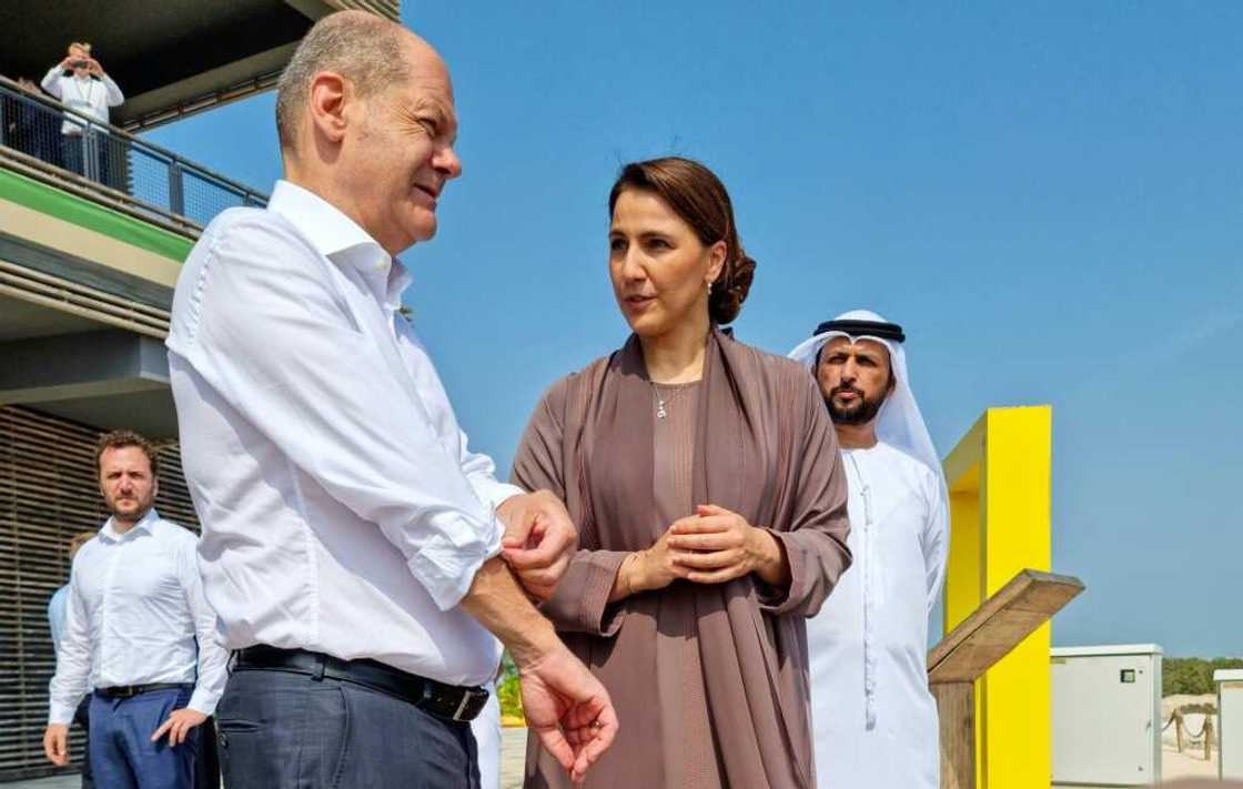 German Chancellor Olaf Scholz, here with UAE Minister of Climate Change Mariam Almheiri touring a mangrove park in Abu Dhabi, is visiting the Gulf to secure energy supplies