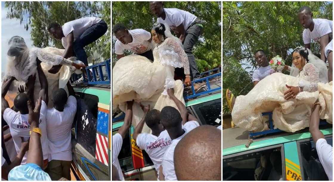 Photos of black bride who was made to sit on the roof of a bus in her wedding day. Photos of black bride who was made to sit on the roof of a bus in her wedding day.