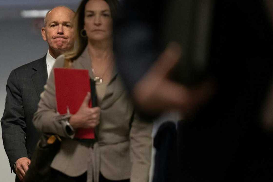 Boeing CEO Dave Calhoun (L) arrives on Capitol Hill in Washington, DC, on January 24, 2024, to meet with a group of senators Boeing CEO Dave Calhoun (L) arrives on Capitol Hill in Washington, DC, on January 24, 2024, to meet with a group of senators