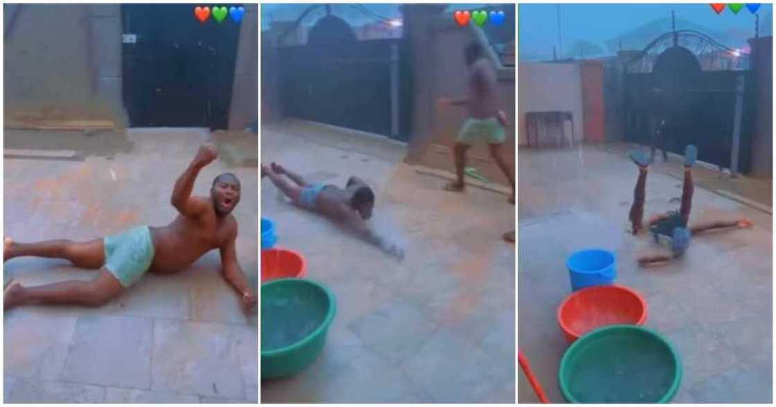Three men, floor, play in the rain, having fun Three men, floor, play in the rain, having fun