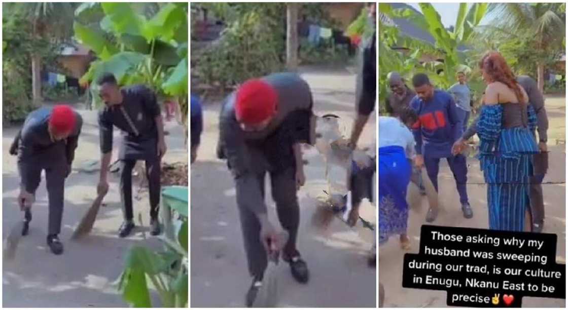 Video shows Nigerian man sweeping at his traditional wedding in Enugu. Video shows Nigerian man sweeping at his traditional wedding in Enugu.