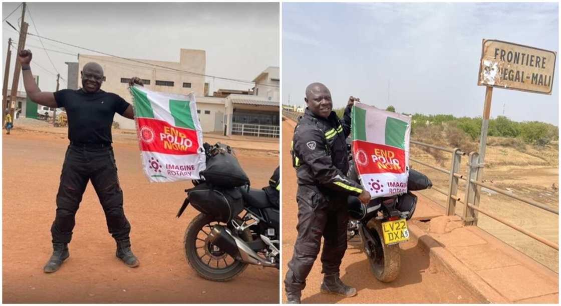 Kunle Adeyanju displays his Rotary Club banneret, indicating that he is in Mali.