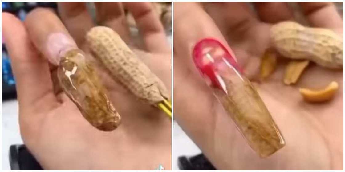 Photos of nail art with groundnut shells. Photos of nail art with groundnut shells.