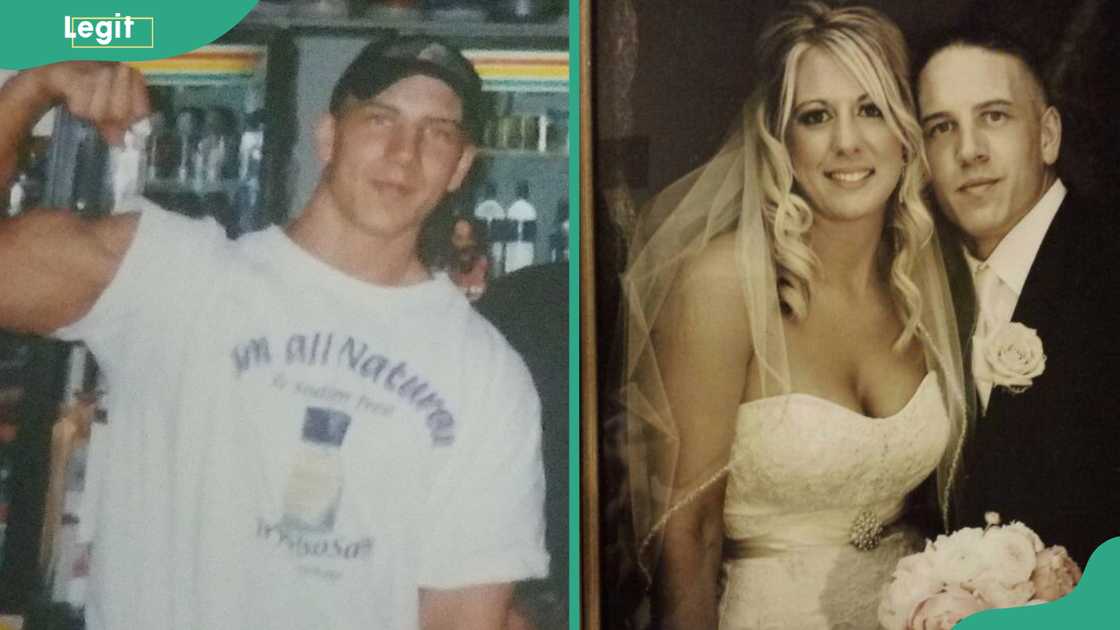 On the left, Matt Cena in a dark cap and a white T-shirt. On the right, Matt in a dark suit with a white rose beside his wife, Coverly