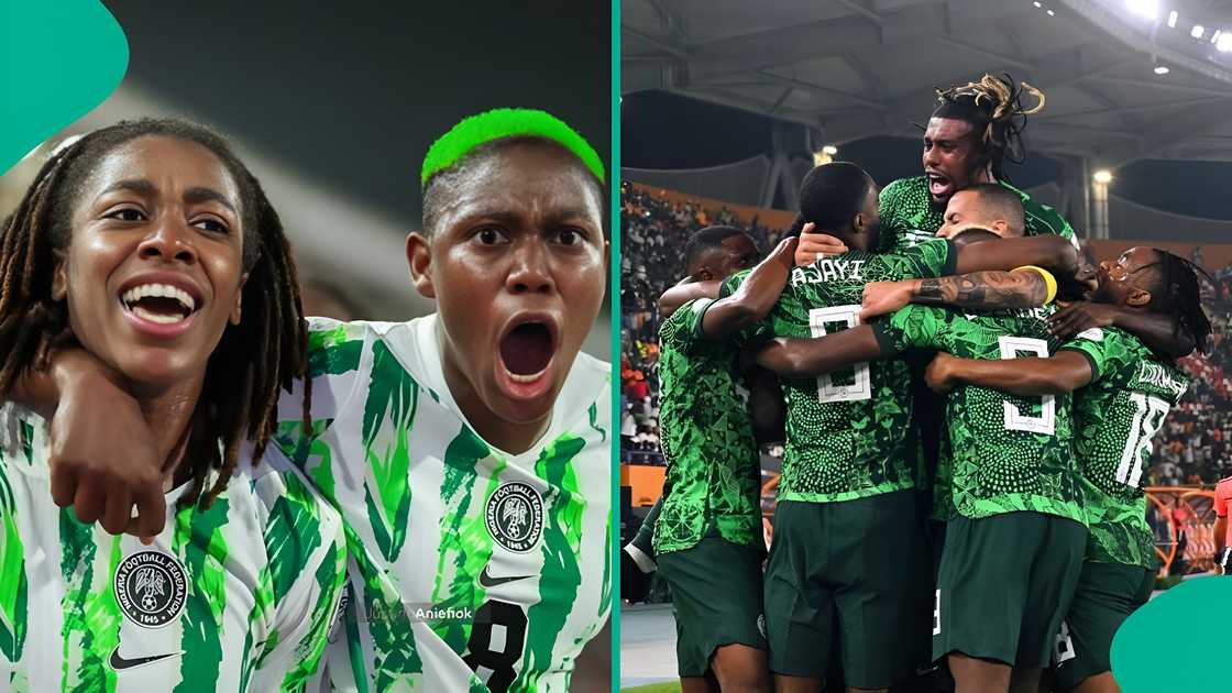 Super Falcons and super Eagles players on the pitch, underlining their unmatched performance amid institutional neglect and gender bias.