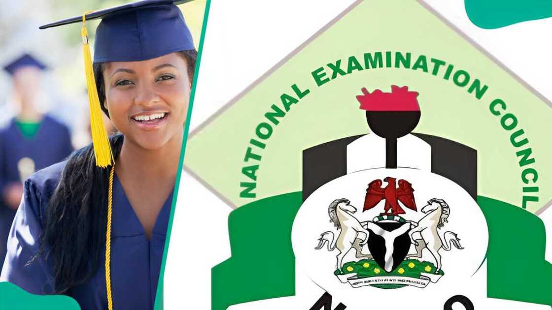 A graduating student (L). The National Examination Council logo (R)