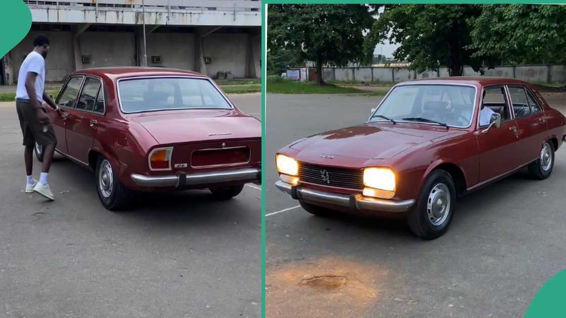 Man shows of Peugeot 504 car. Man shows of Peugeot 504 car.