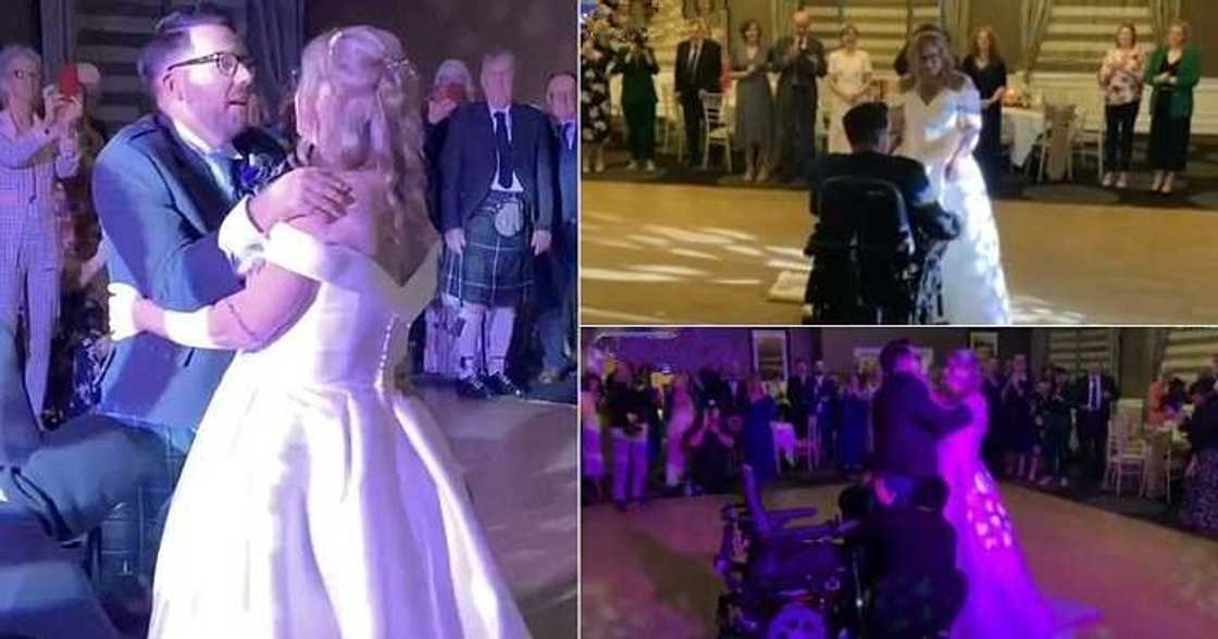 Groom in wheelchair dances on his wedding day. Groom in wheelchair dances on his wedding day.