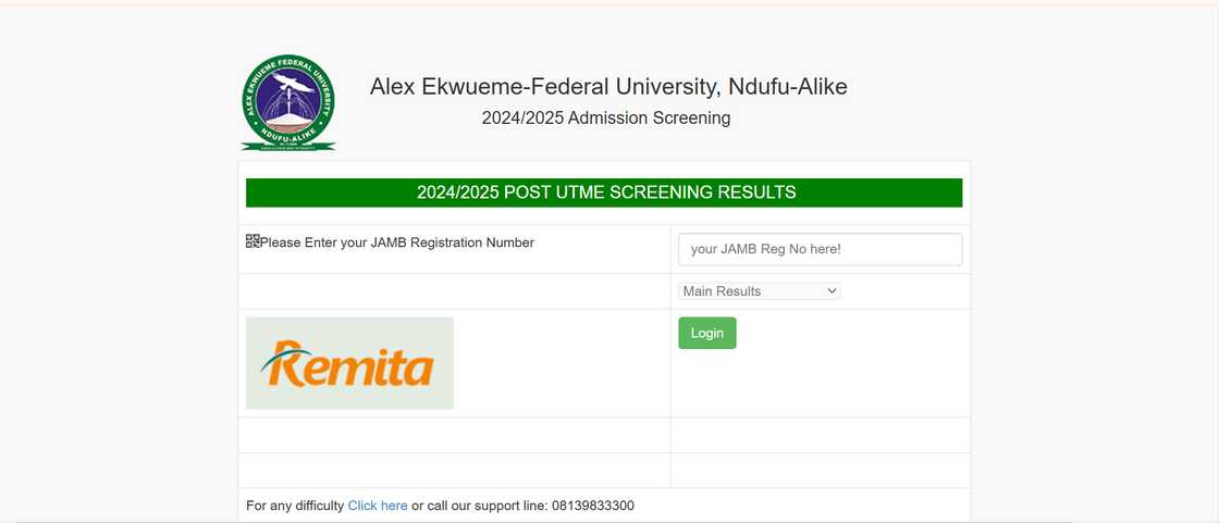 FUNAI Post-UTME screening result portal log in