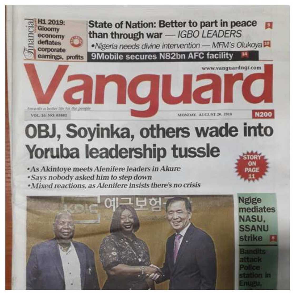 Newspapers review for Monday, August 26: OBJ, Soyinka intervene in Yoruba leadership crisis