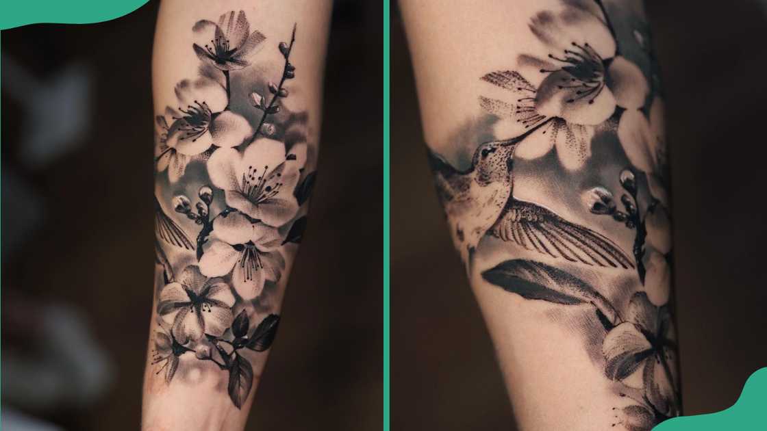 Black and white cherry blossom tattoo