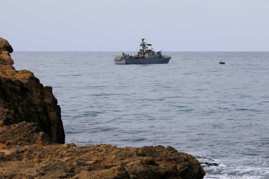 An Israeli warship sits at mooring close to the disputed maritime border with Lebanon An Israeli warship sits at mooring close to the disputed maritime border with Lebanon