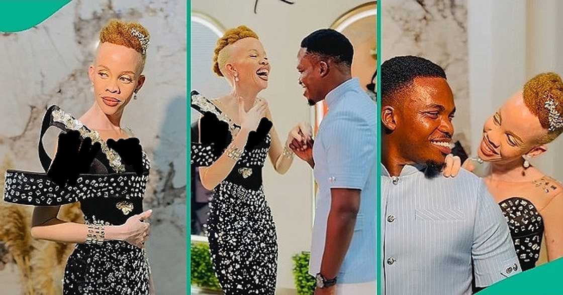 Romantic man leaves albino lover blushing during bridal shoot. Romantic man leaves albino lover blushing during bridal shoot.