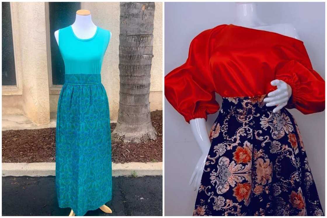 Damask A-line skirts displayed on mannequins Damask A-line skirts displayed on mannequins