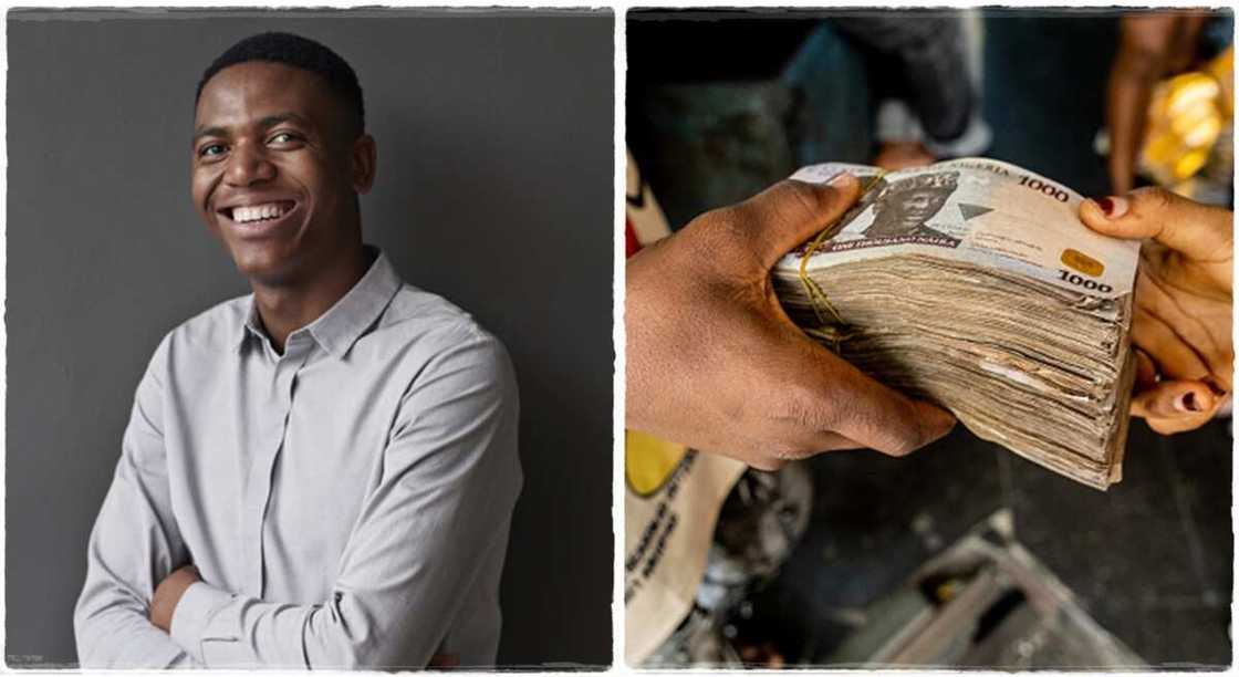 Photos of a man and Naira notes. Photos of a man and Naira notes.