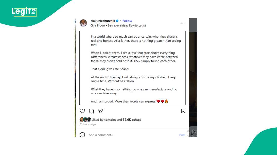 Tonto Dikeh seemingly shows support for Olakunle Churchill after post about his children.