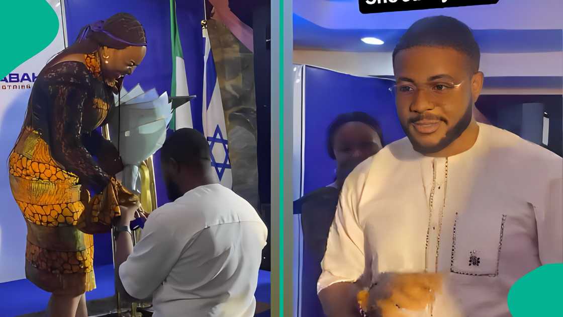 Man proposes marriage to his woman and he says yes.