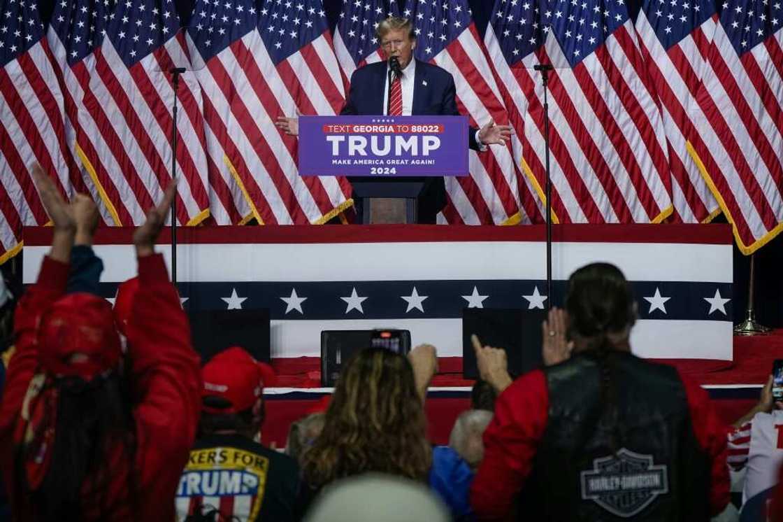 Donald Trump speaks during a campaign event in Rome, Georgia, on March 9, 2024. Donald Trump speaks during a campaign event in Rome, Georgia, on March 9, 2024.