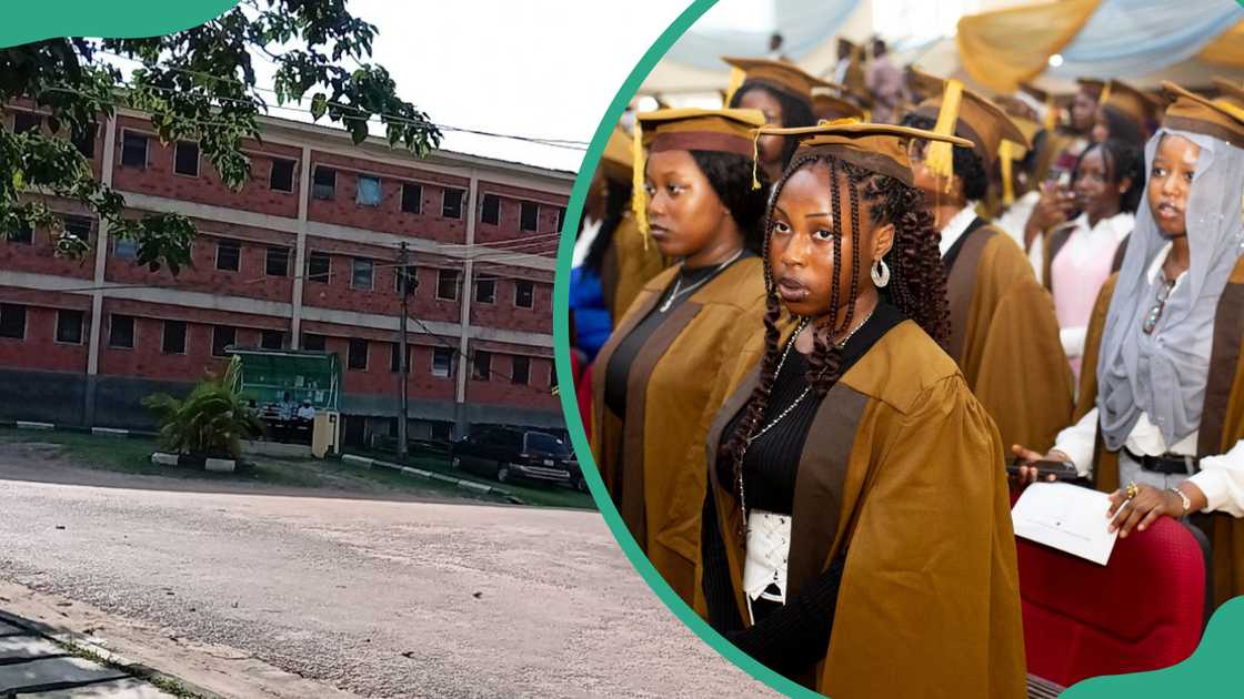 Bells University building (L). Bells University graduates in brown gowns (R). Bells University building (L). Bells University graduates in brown gowns (R).