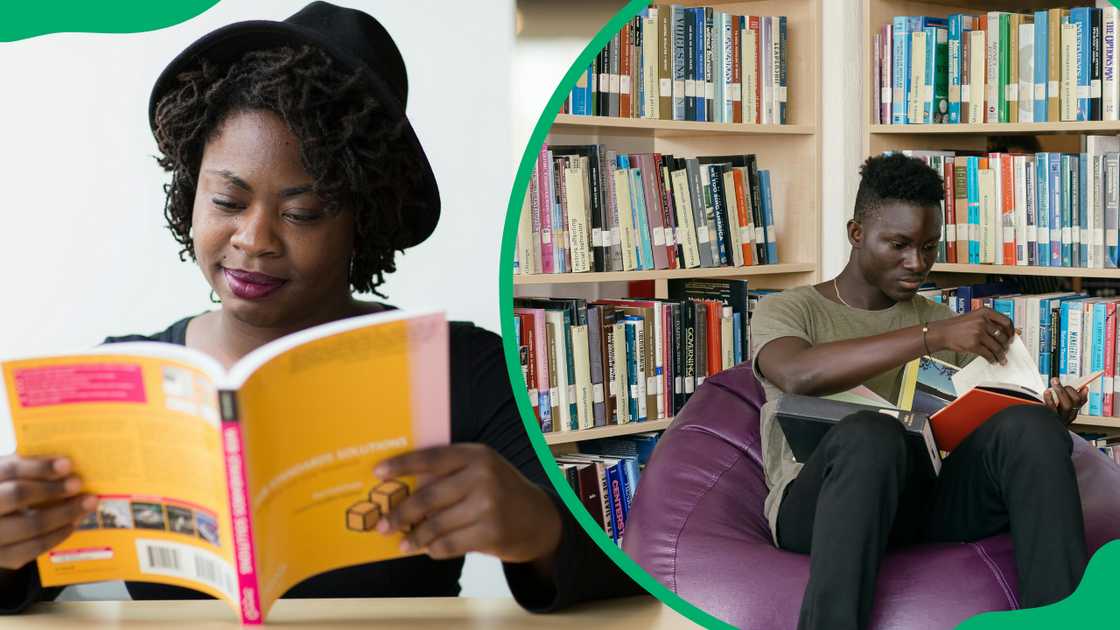 A woman in a black hat reads a book with a yellow cover and a man reads while sitting on a bean bag chair A woman in a black hat reads a book with a yellow cover and a man reads while sitting on a bean bag chair