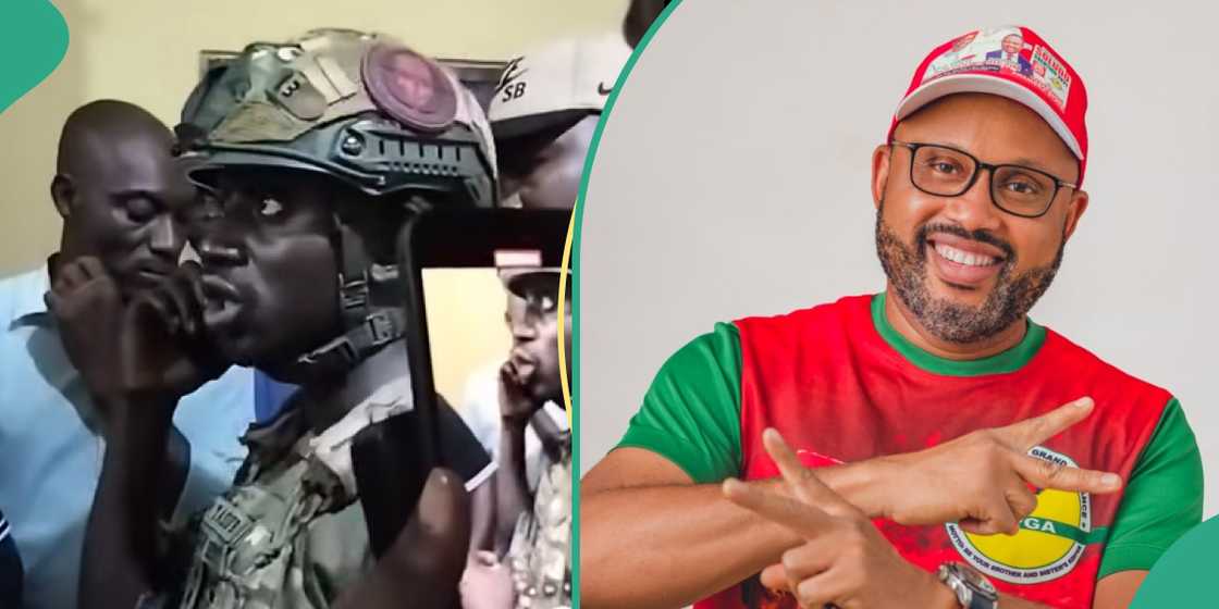 Deputy Governor Onyekachukwu Ibezim was seen engaging soldiers at a polling unit. Deputy Governor Onyekachukwu Ibezim was seen engaging soldiers at a polling unit.