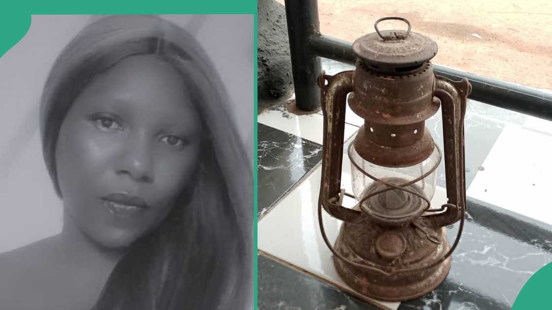 Lady shows old lamp she saw in her house.