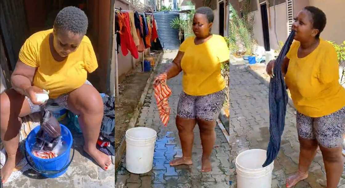 Photos of a lady washing with one hand. Photos of a lady washing with one hand.