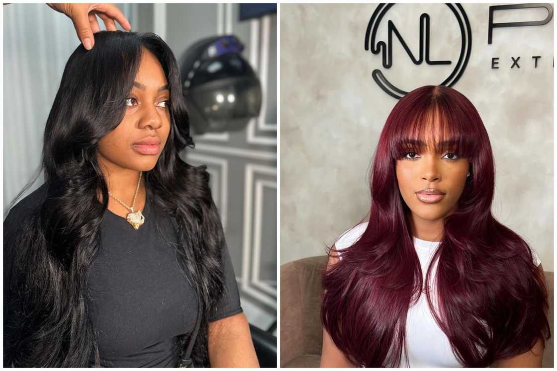 Centre part with tucked-back bangs Centre part with tucked-back bangs