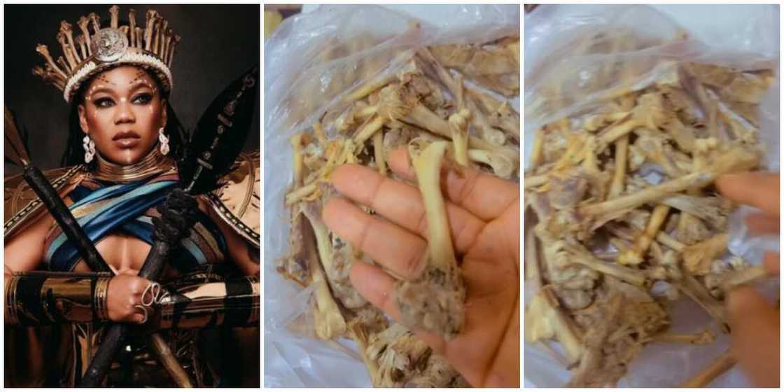 Photos of Toyin Lawani and chicken bones.