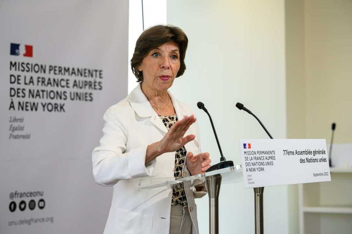 French Foreign Minister Catherine Colonna speaks to reporters at France's mission to the United Nations French Foreign Minister Catherine Colonna speaks to reporters at France's mission to the United Nations