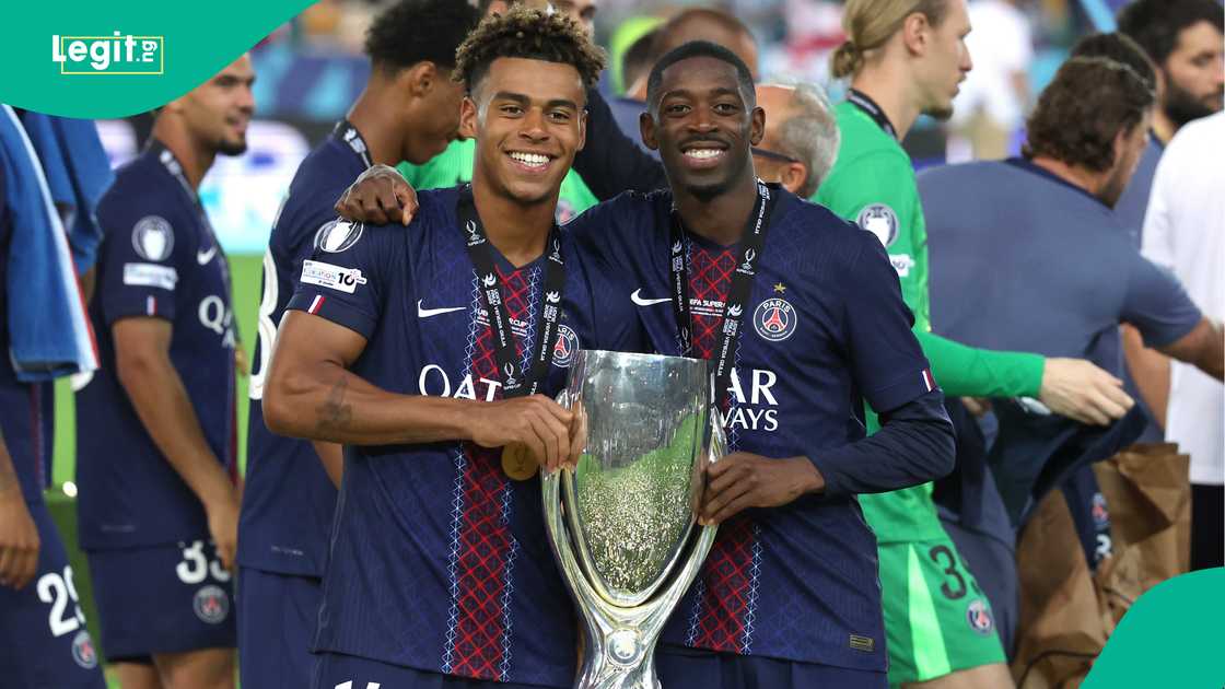 Desire Doue, Ousmane Dembele, PSG, Tottenham Hotspur, UEFA Super Cup. Desire Doue, Ousmane Dembele, PSG, Tottenham Hotspur, UEFA Super Cup.