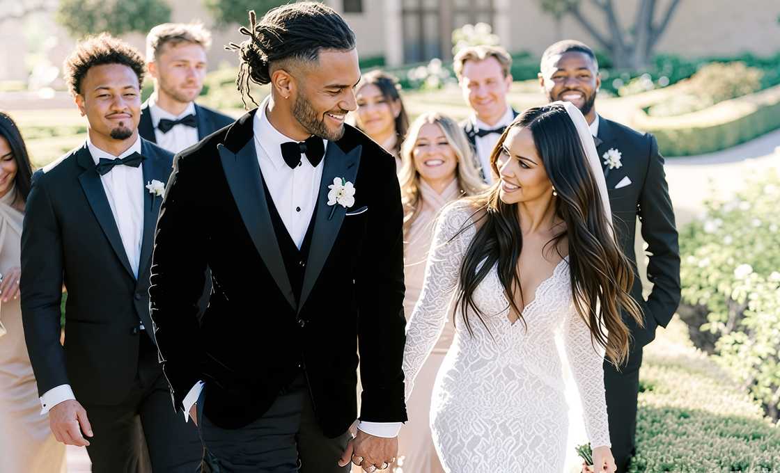 Fred Warner and Sydney Hightower smile at each other as they at their wedding