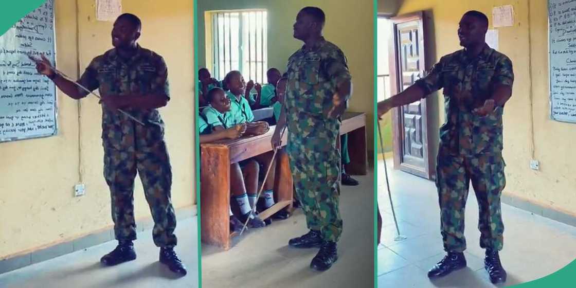 Soldier teaching secondary school students. Soldier teaching secondary school students.