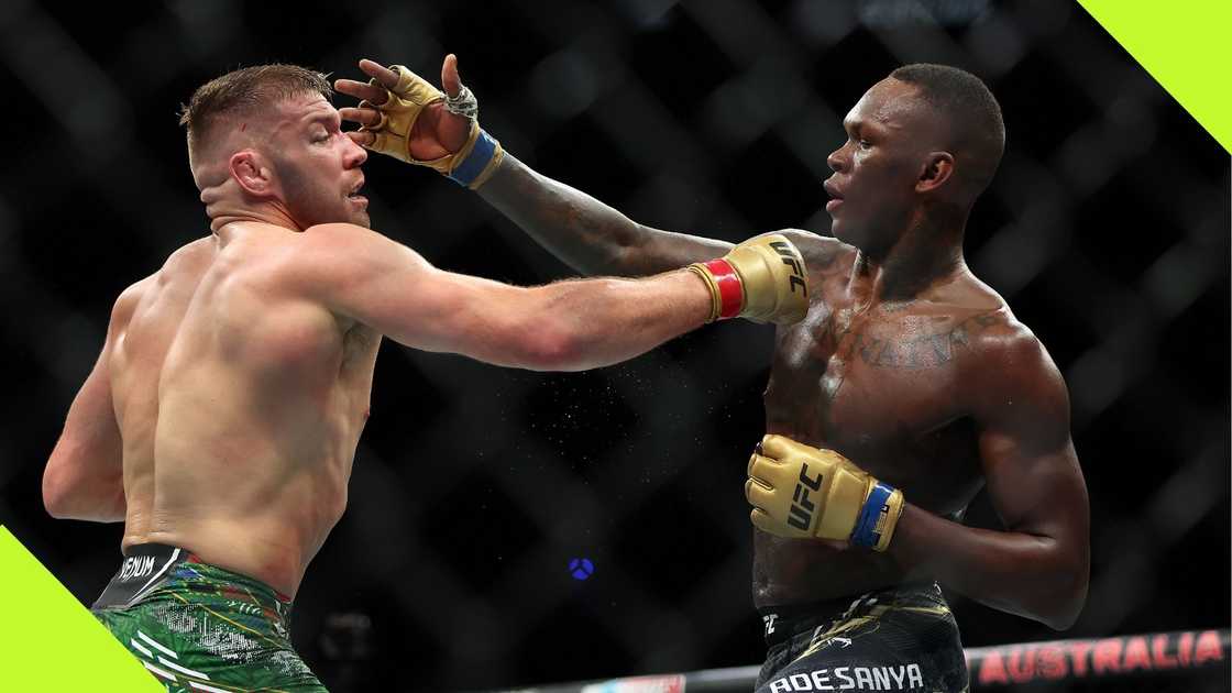 Dricus Du Plessis fights Israel Adesanya in the Middleweight Championship fight during UFC 305 at RAC Arena on August 18, 2024, in Perth, Australia. Photo: Paul Kane. Dricus Du Plessis fights Israel Adesanya in the Middleweight Championship fight during UFC 305 at RAC Arena on August 18, 2024, in Perth, Australia. Photo: Paul Kane.