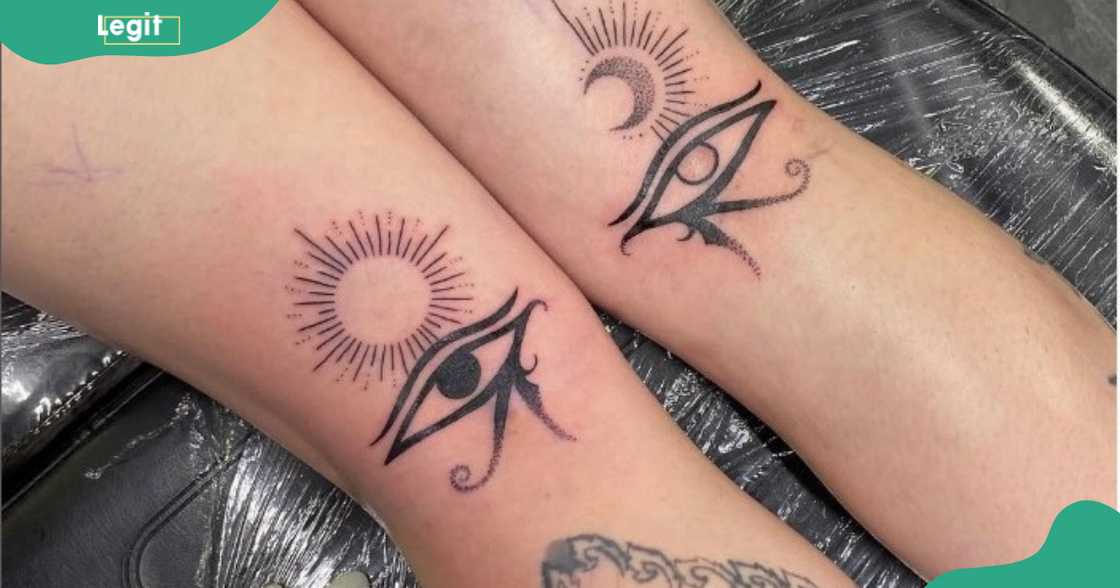 Eye of Horus tattoos on the back of the legs. Eye of Horus tattoos on the back of the legs.