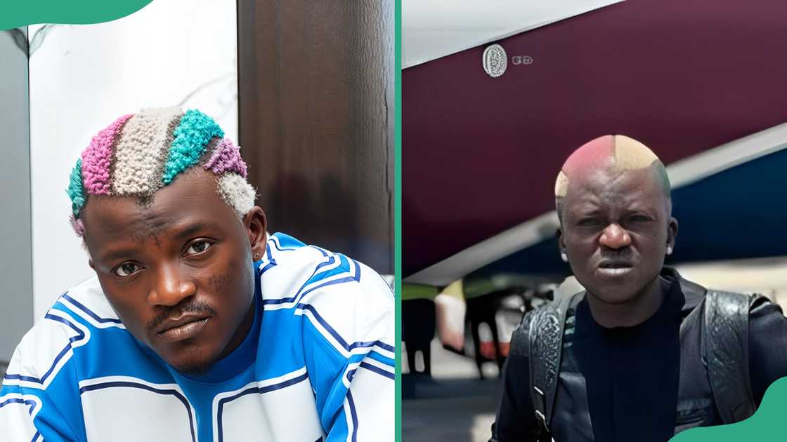 Nigerian singer Portable in blue and white jersey and all black Nigerian singer Portable in blue and white jersey and all black