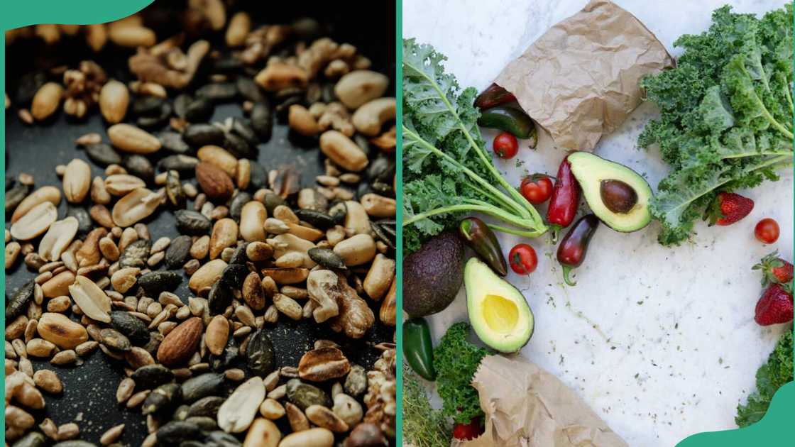Nuts on a table and various fruits and vegetables on a countertop