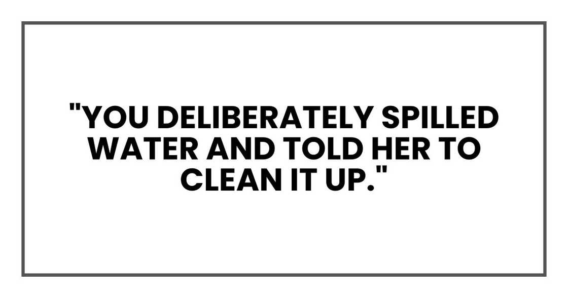 "You deliberately spilled water and told her to clean it up." "You deliberately spilled water and told her to clean it up."