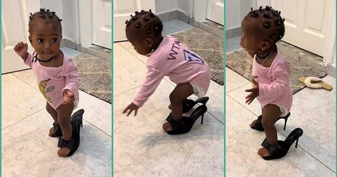 Little girl slays on mum's oversized heels, leaves netizens in awe Little girl slays on mum's oversized heels, leaves netizens in awe