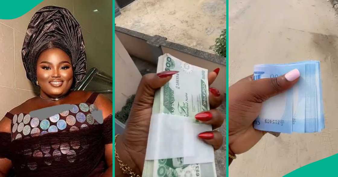 Lady receives bundles of cash at her workplace. Lady receives bundles of cash at her workplace.