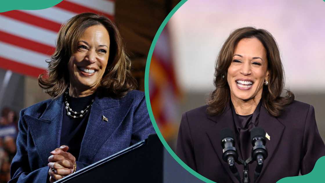 Kamala Harris smiles during a campaign rally (L). Kamala speaks at Howard University in Washington (R).