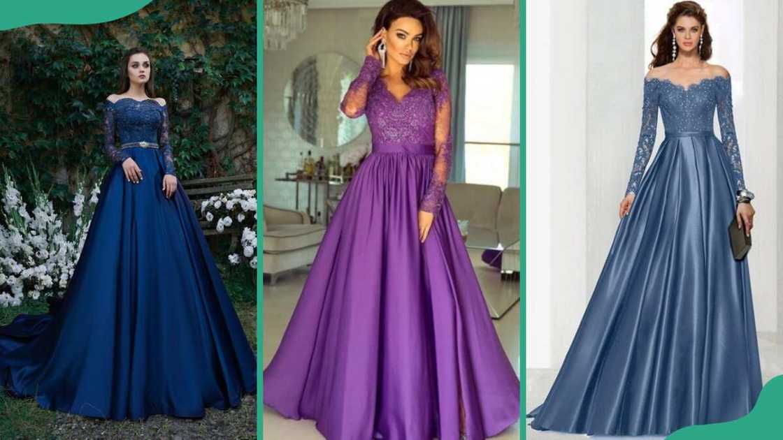 Navy blue long sleeves gown (L), purple long sleeves ball gown (C), and teal blue long sleeves ball gown (R) Navy blue long sleeves gown (L), purple long sleeves ball gown (C), and teal blue long sleeves ball gown (R)