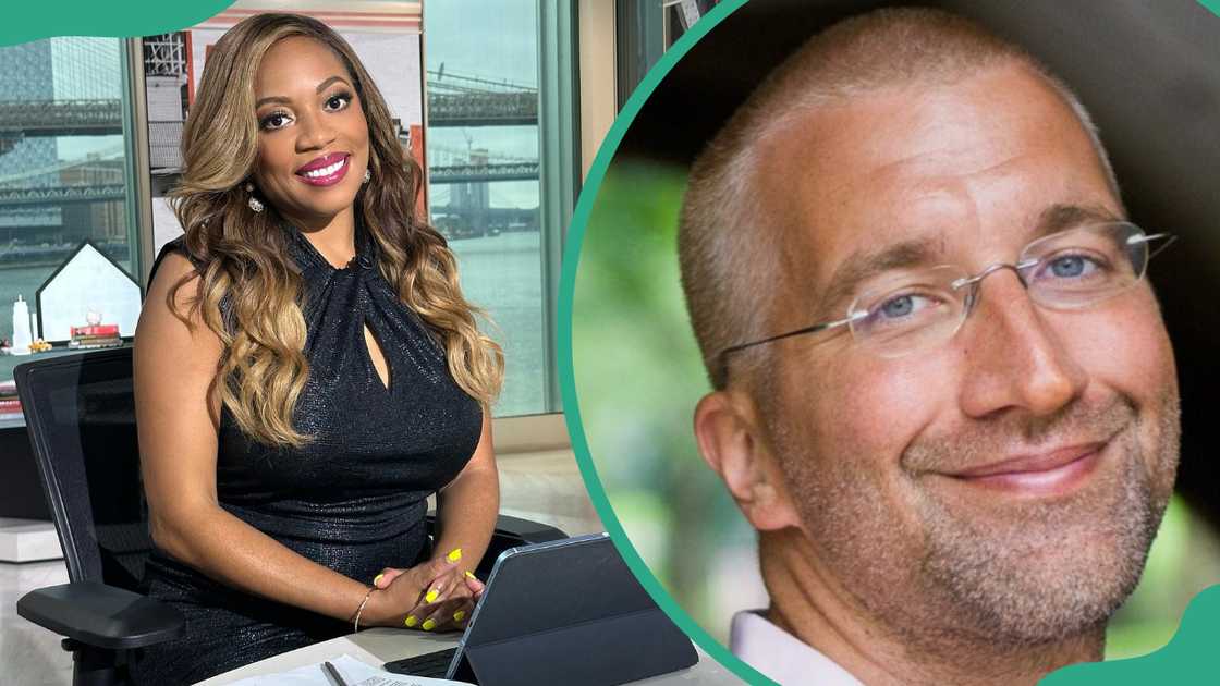 Kimberly Martin in the television studio (L Jefferey Roberts posing for a picture with transparent spectacles (R).