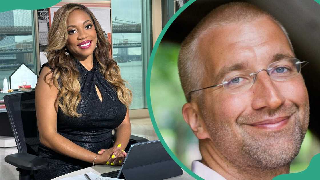 Kimberly Martin in the television studio (L Jefferey Roberts posing for a picture with transparent spectacles (R). Kimberly Martin in the television studio (L Jefferey Roberts posing for a picture with transparent spectacles (R).