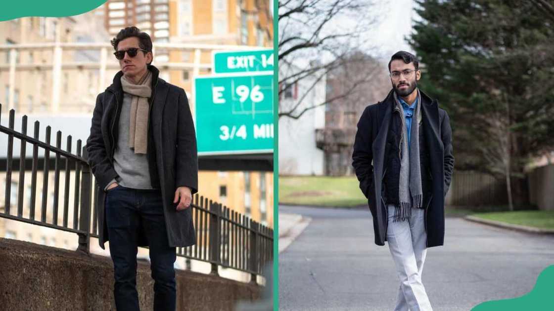 Two men showcasing business casual attire for winter Two men showcasing business casual attire for winter