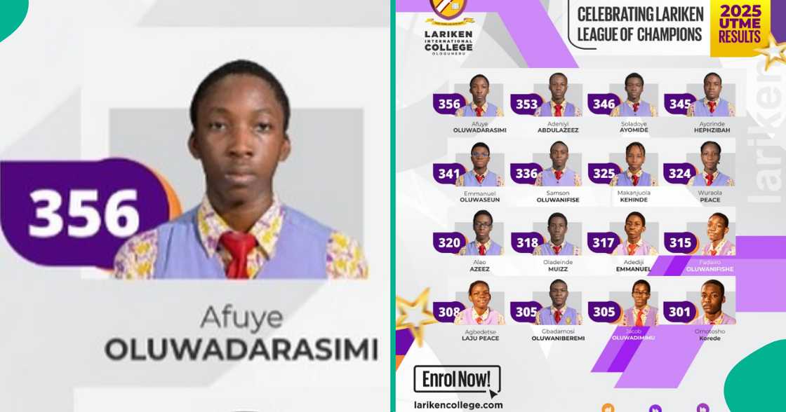 The 2025 UTME top scorer of Lariken International College, Afuye Darasimi, gets an impressive score of 356. The 2025 UTME top scorer of Lariken International College, Afuye Darasimi, gets an impressive score of 356.