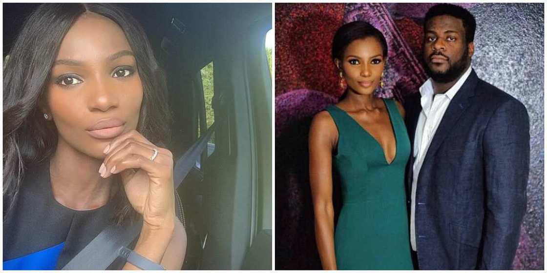 Agbani Darego in a selfie photo, and Agbani with her husband, Ishaya Danjuma at his father's birthday.