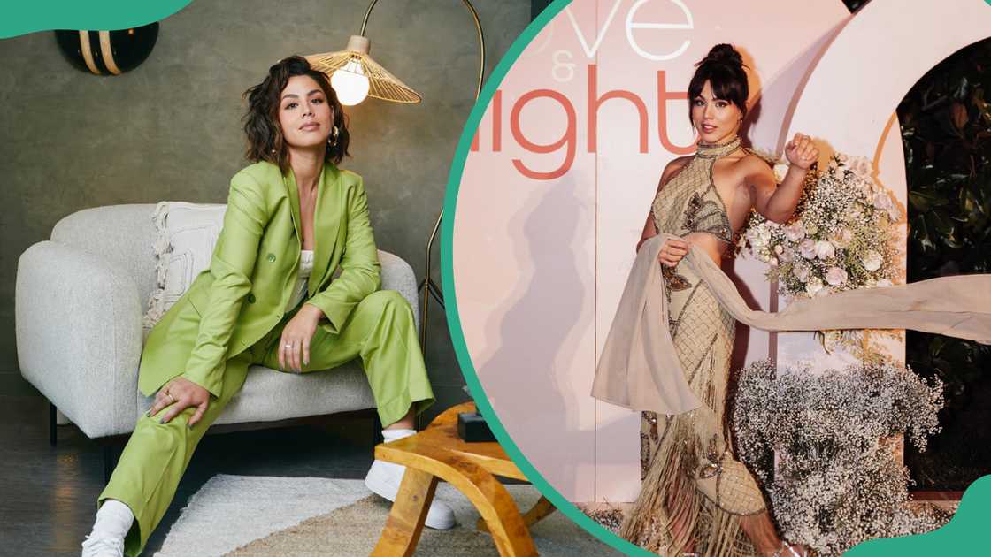 Megan Batoon is seen in a green suit and a gorgeous brown dress